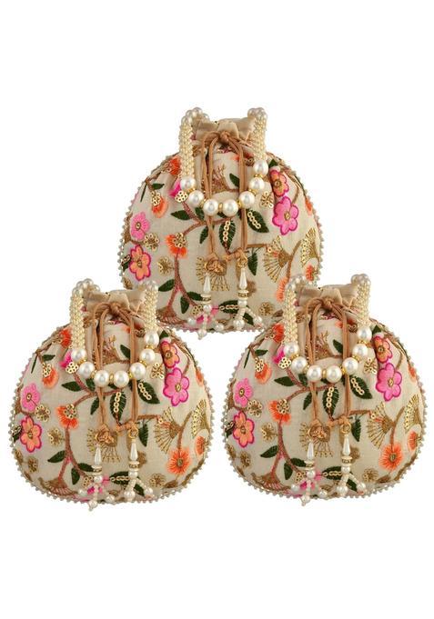 Kuber Industries Cream Silk Wedding Potli Baby Shower Pack of 3