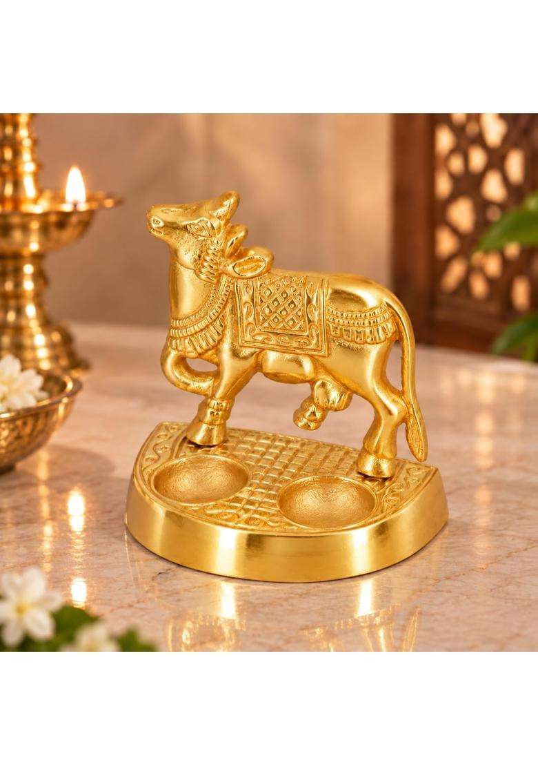 Craftvatika Golden Kamdhenu Cow Return Gifts with Velvet Box Home Pooja Diwali Decoration Items - Indya
