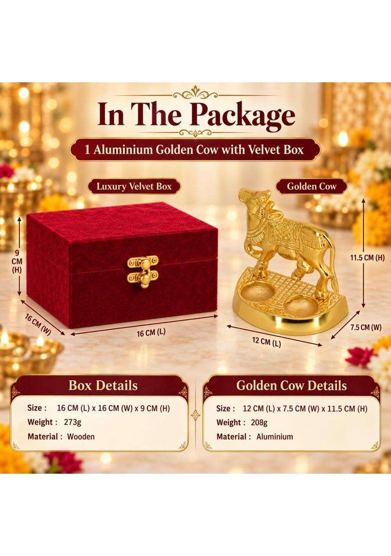 Craftvatika Golden Kamdhenu Cow Return Gifts with Velvet Box Home Pooja Diwali Decoration Items - Indya