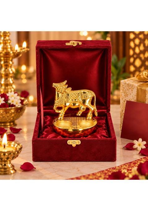 Craftvatika Golden Kamdhenu Cow Return Gifts with Velvet Box Home Pooja Diwali Decoration Items