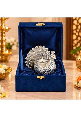 Craftvatika Return Gifts Silver Plated Peacock Candle Holder with Velvet Box Glass Candles