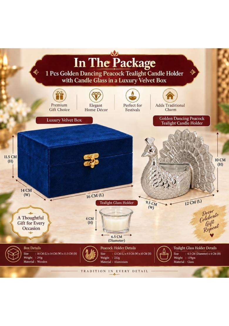 Craftvatika Return Gifts Silver Plated Peacock Candle Holder with Velvet Box Glass Candles - Indya