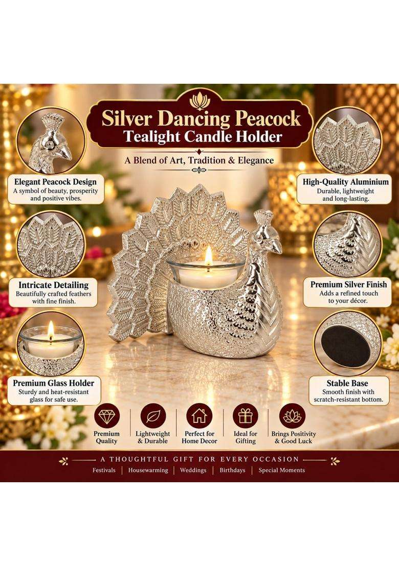 Craftvatika Return Gifts Silver Plated Peacock Candle Holder with Velvet Box Glass Candles - Indya