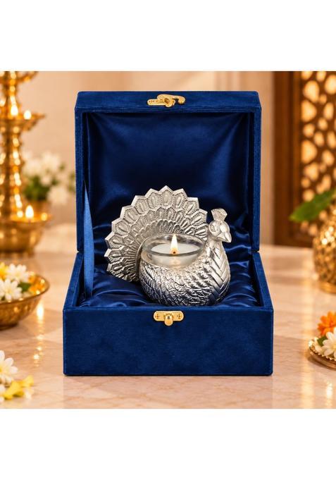 Craftvatika Return Gifts Silver Plated Peacock Candle Holder with Velvet Box Glass Candles