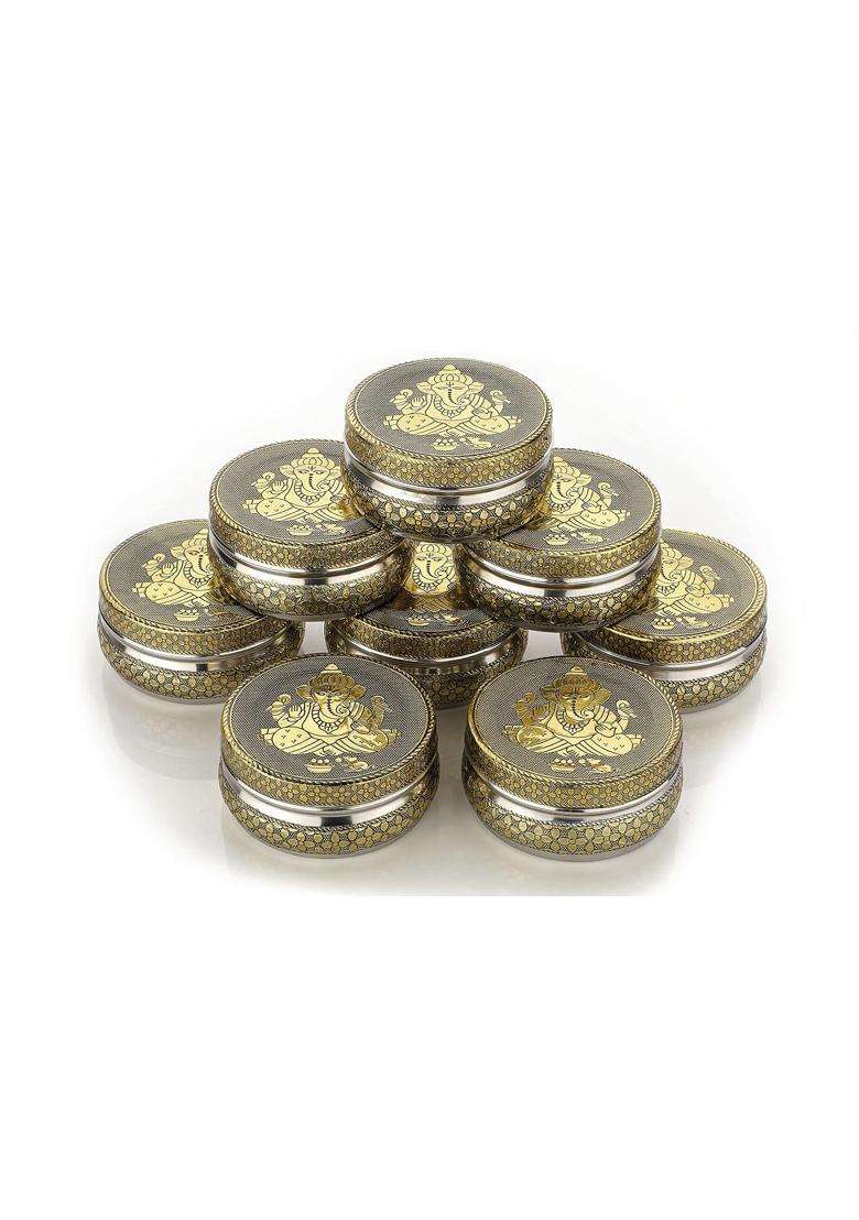 Navrang Stainless Steel Container Meenakari Storage Box Ganesh Ji Design Return Gifts Laddu Box Pack of 8 - Indya