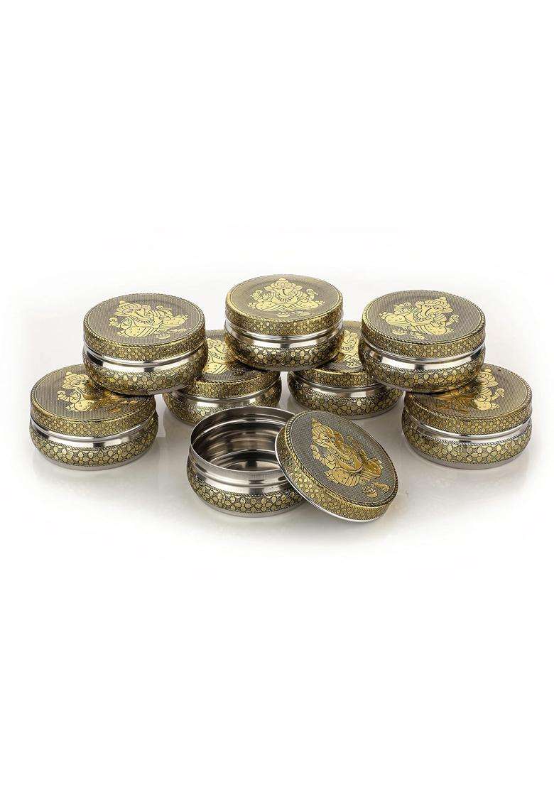 Navrang Stainless Steel Container Meenakari Storage Box Ganesh Ji Design Return Gifts Laddu Box Pack of 8 - Indya