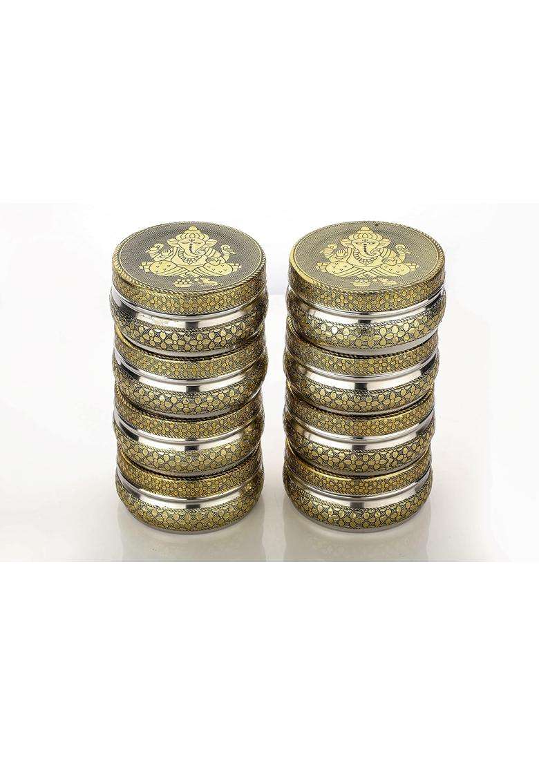 Navrang Stainless Steel Container Meenakari Storage Box Ganesh Ji Design Return Gifts Laddu Box Pack of 8 - Indya