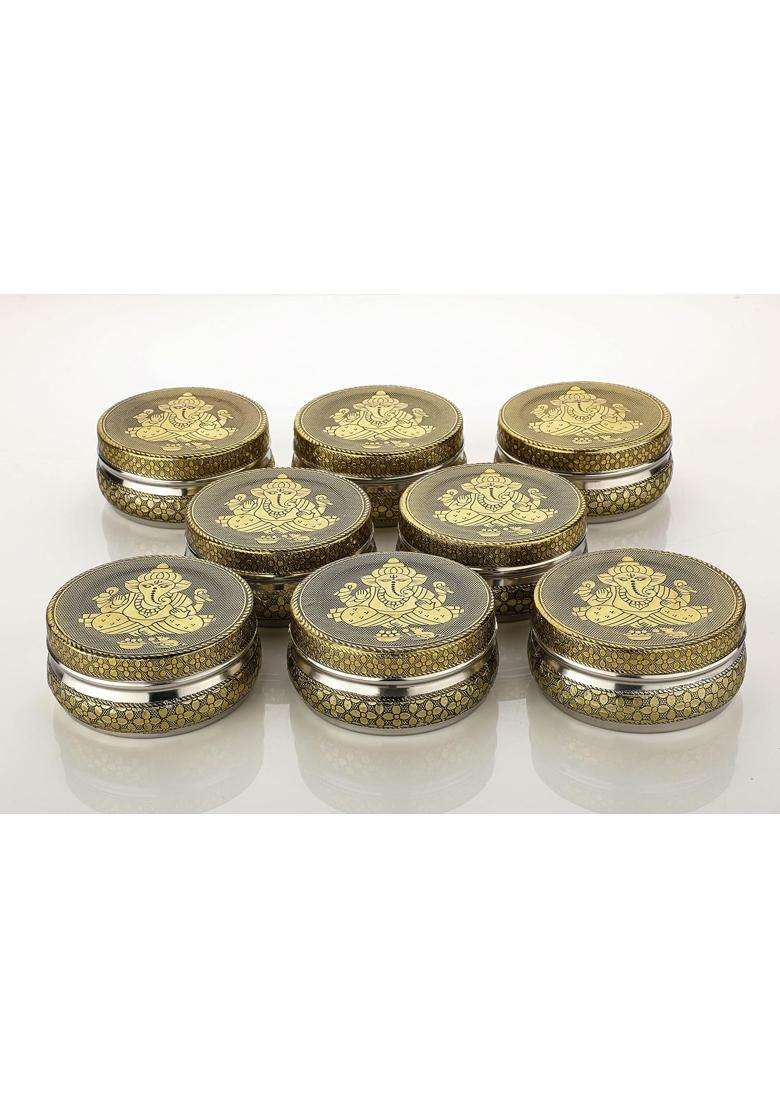 Navrang Stainless Steel Container Meenakari Storage Box Ganesh Ji Design Return Gifts Laddu Box Pack of 8 - Indya