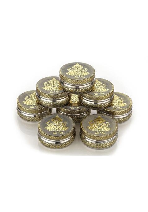 Navrang Stainless Steel Container Meenakari Storage Box Ganesh Ji Design Return Gifts Laddu Box Pack of 8