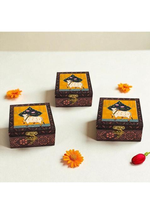 Shopbeat Handcrafted Wooden Jewellery Box Copper Metal Finish 4 X 4 Inch Pack of 3
