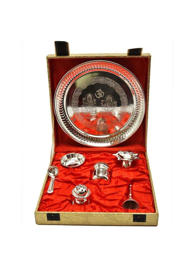 Indicraftsvilla Crafts Place to Discover World German Silver God Laxmi Ganesh Embossed Pooja Thali - Indya