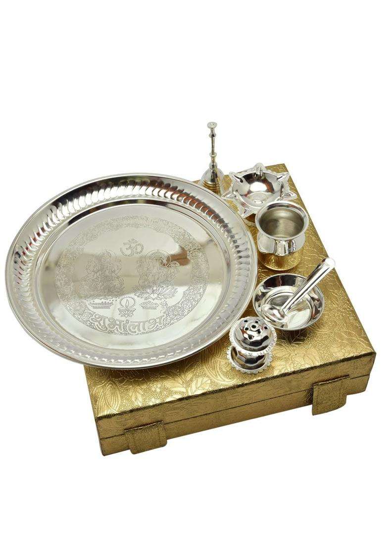 Indicraftsvilla Crafts Place to Discover World German Silver God Laxmi Ganesh Embossed Pooja Thali - Indya