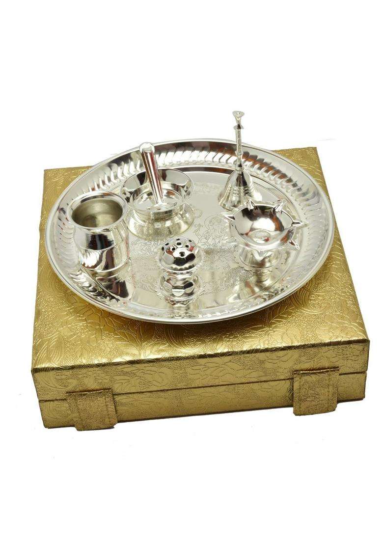 Indicraftsvilla Crafts Place to Discover World German Silver God Laxmi Ganesh Embossed Pooja Thali - Indya