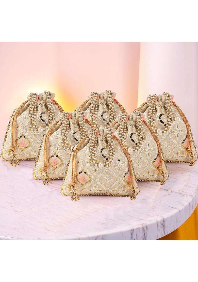 Kuber Industries Cream 6 Pcs Embroidery Potli Bags for Women with Pearl Handle and Drawstring - Indya