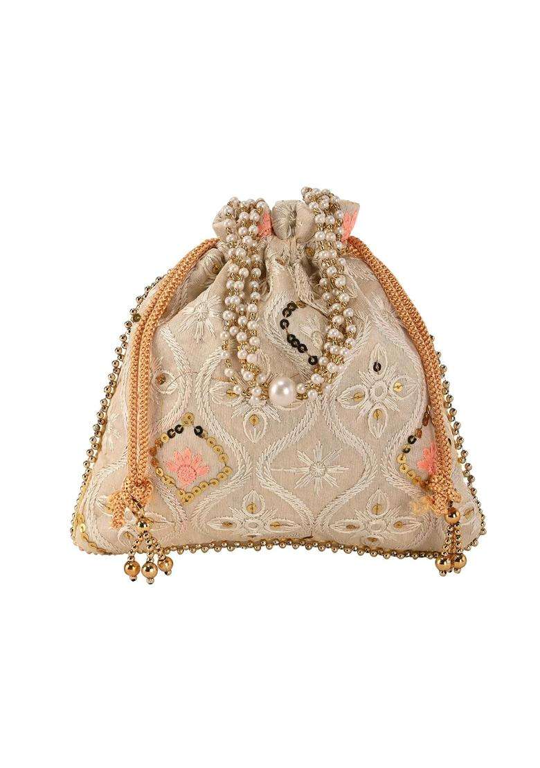 Kuber Industries Cream 6 Pcs Embroidery Potli Bags for Women with Pearl Handle and Drawstring - Indya