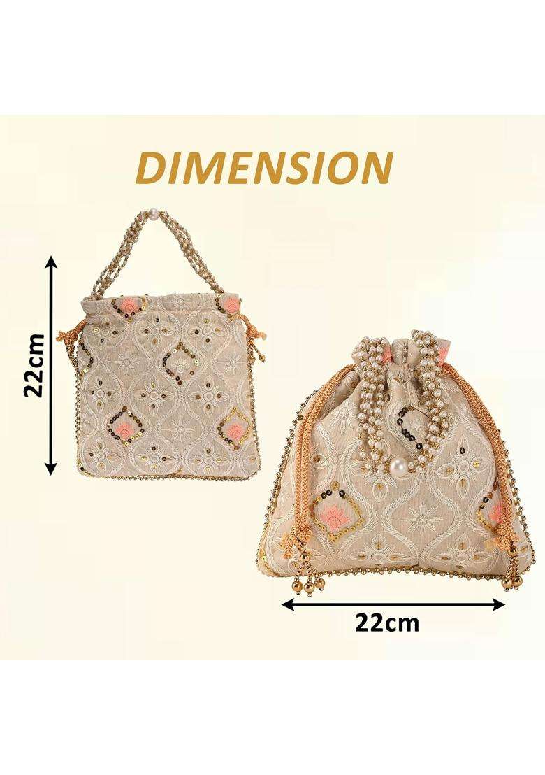 Kuber Industries Cream 6 Pcs Embroidery Potli Bags for Women with Pearl Handle and Drawstring - Indya