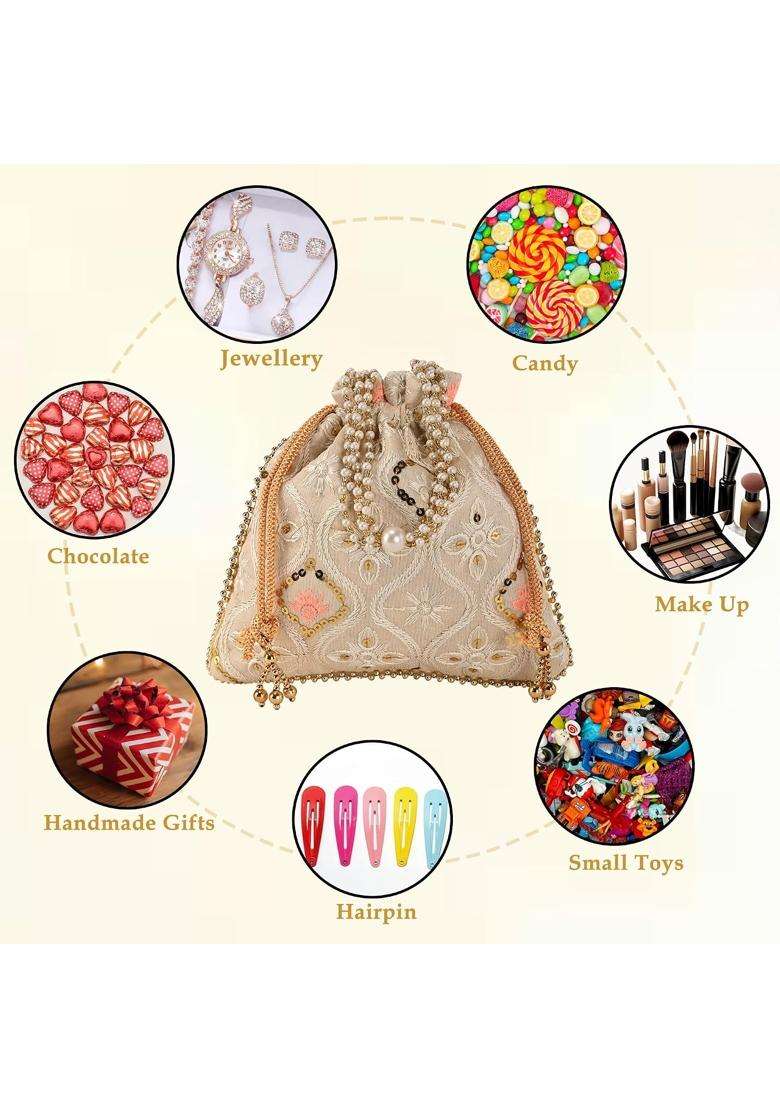 Kuber Industries Cream 6 Pcs Embroidery Potli Bags for Women with Pearl Handle and Drawstring - Indya