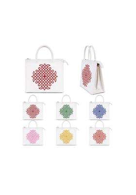 Anumala Jute World White Canvas Wedding Return Gift Thamboolam Bag with Red Kolam Design and Zipper Pack of 15