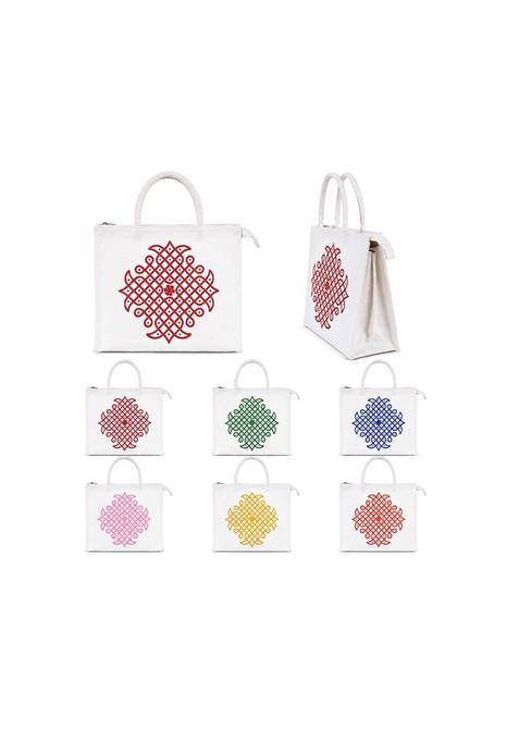 Anumala Jute World White Canvas Wedding Return Gift Thamboolam Bag with Red Kolam Design and Zipper Pack of 15