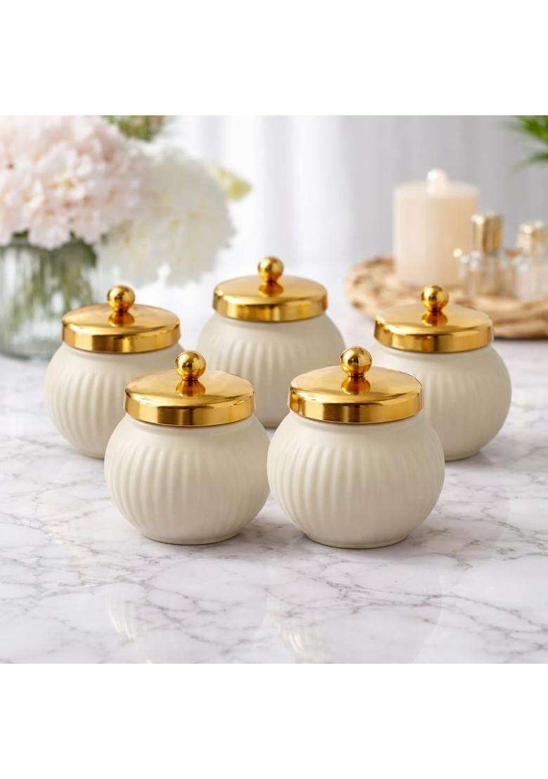 Craftvatika Decorative Bowl Jar with Golden Lid Return Gifts for Woman House Warming Gift Pooja Set of 5 - Indya