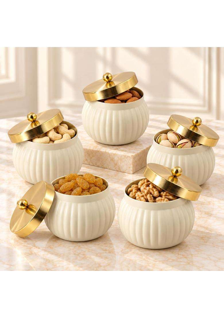 Craftvatika Decorative Bowl Jar with Golden Lid Return Gifts for Woman House Warming Gift Pooja Set of 5 - Indya