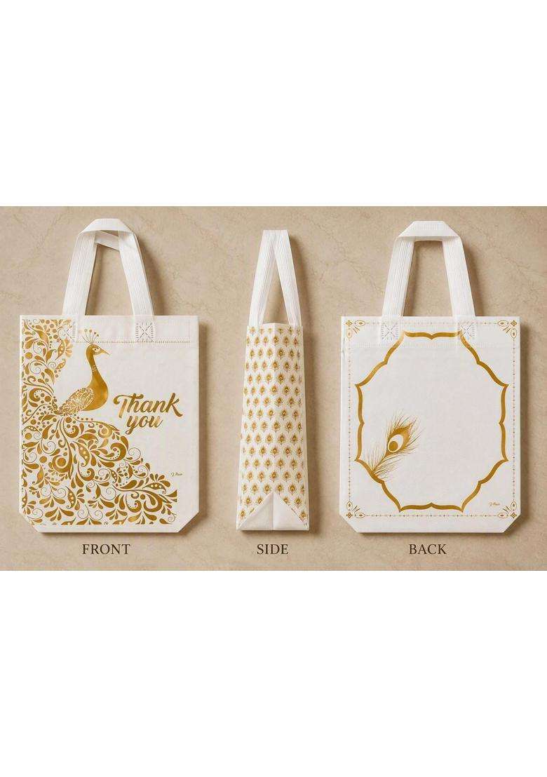Carry Bag for Return Gifts Canvas Fabric Bags for Wedding and Festivals Ivory Gold Printed Pack of 30 - Indya