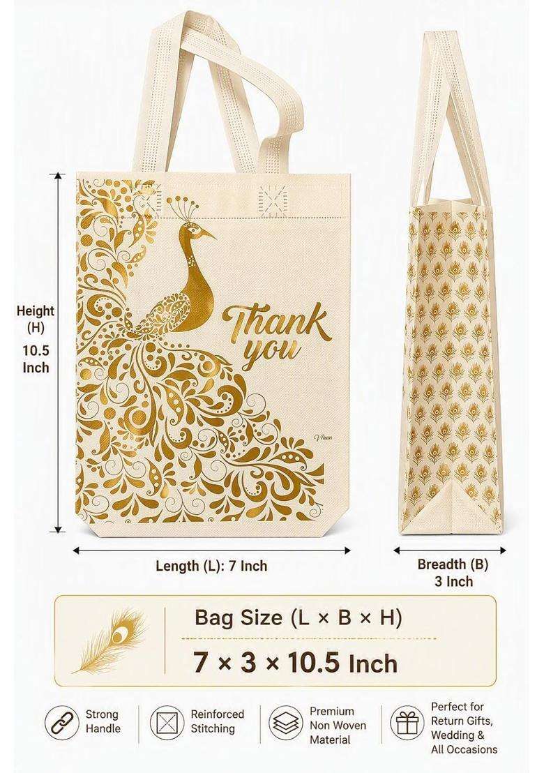 Carry Bag for Return Gifts Canvas Fabric Bags for Wedding and Festivals Ivory Gold Printed Pack of 30 - Indya