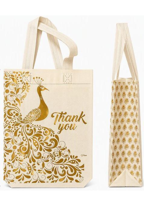 Carry Bag for Return Gifts Canvas Fabric Bags for Wedding and Festivals Ivory Gold Printed Pack of 30