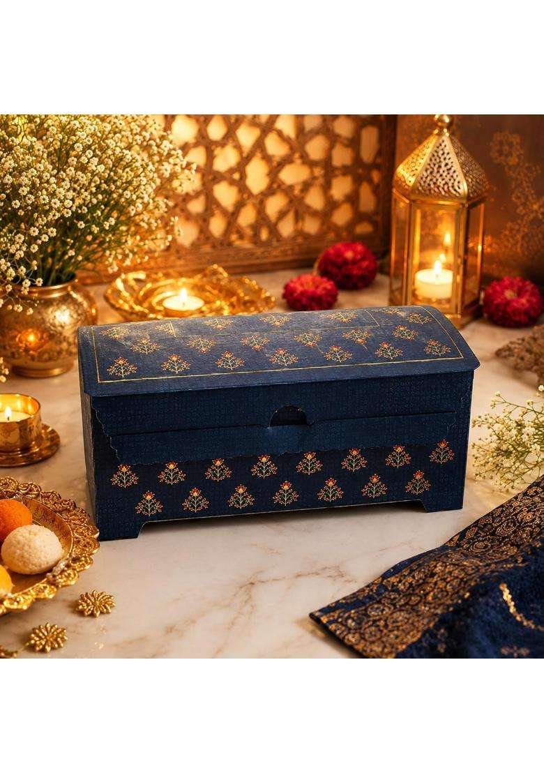 Satyam Kraft Blue 6 Pcs Royal Sandook Printed Curved Gift Hamper Box - Indya