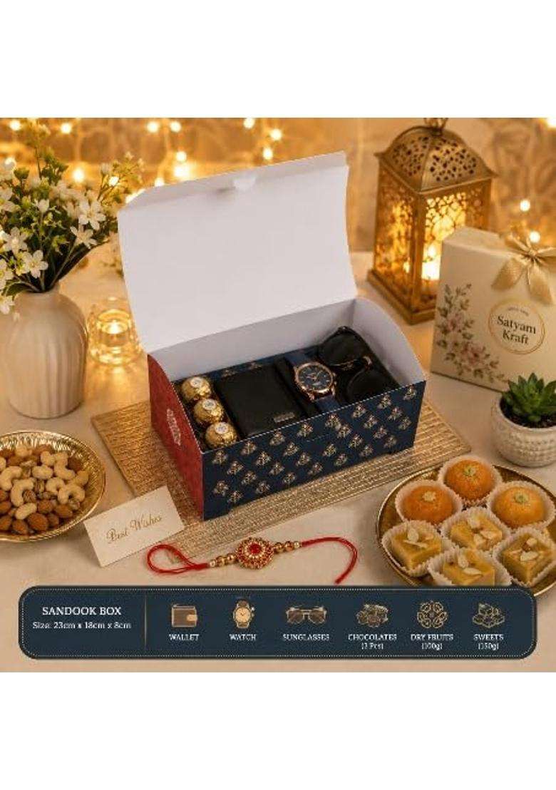 Satyam Kraft Blue 6 Pcs Royal Sandook Printed Curved Gift Hamper Box - Indya
