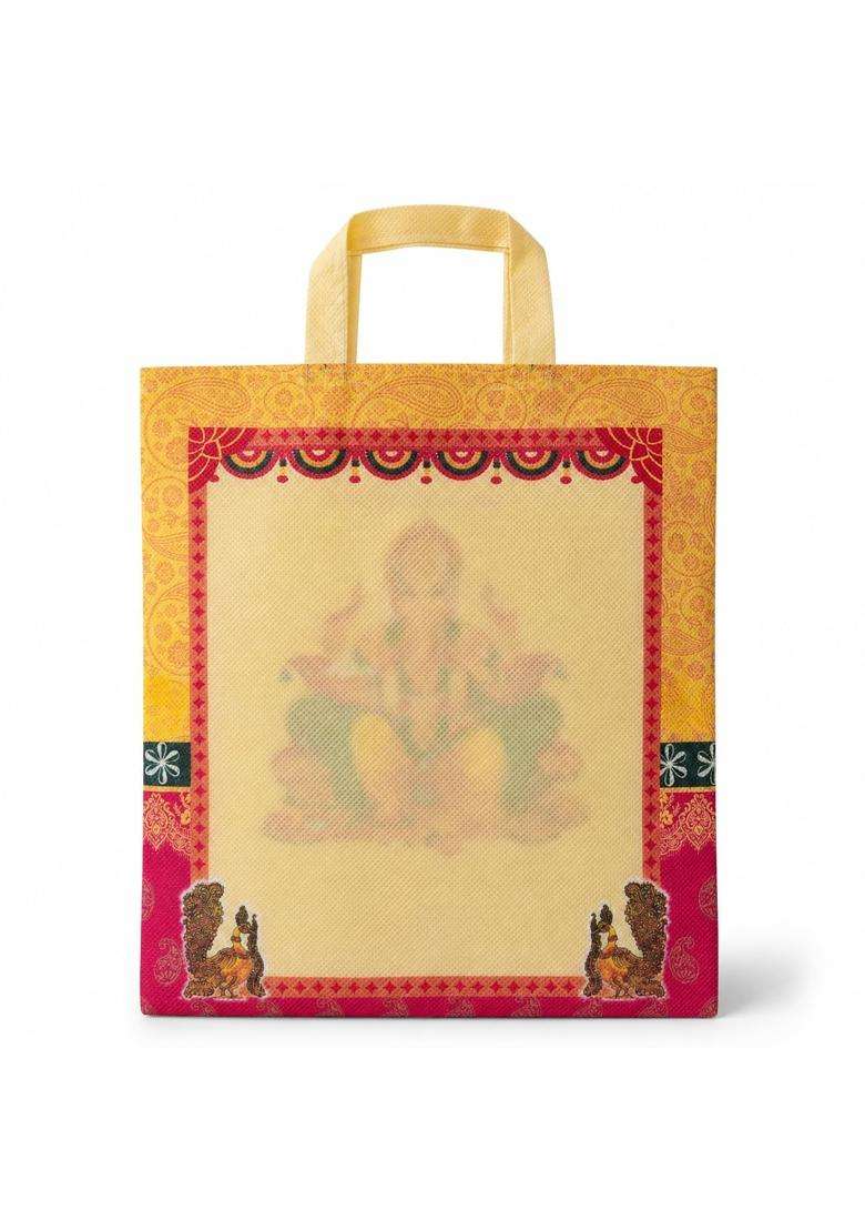 Keshava Fabrics Gold Maroon Lord Ganesha Vinayagar Printed Return Gift Bags for Wedding Birthday and Pooja - Indya