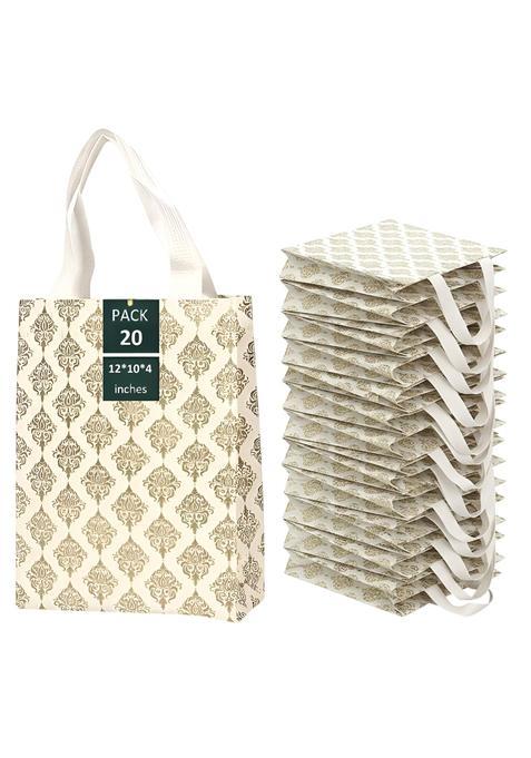 Ekysa Dekor White Gold Damask Pattern Bags with Handles 12x10x4 Inches Pack of 20