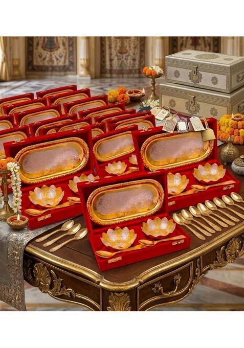 Elikraft German Silver Gold Bowl Set with Beautiful Velvet Box Tray 2 Bowls 2 Spoons Set of 15
