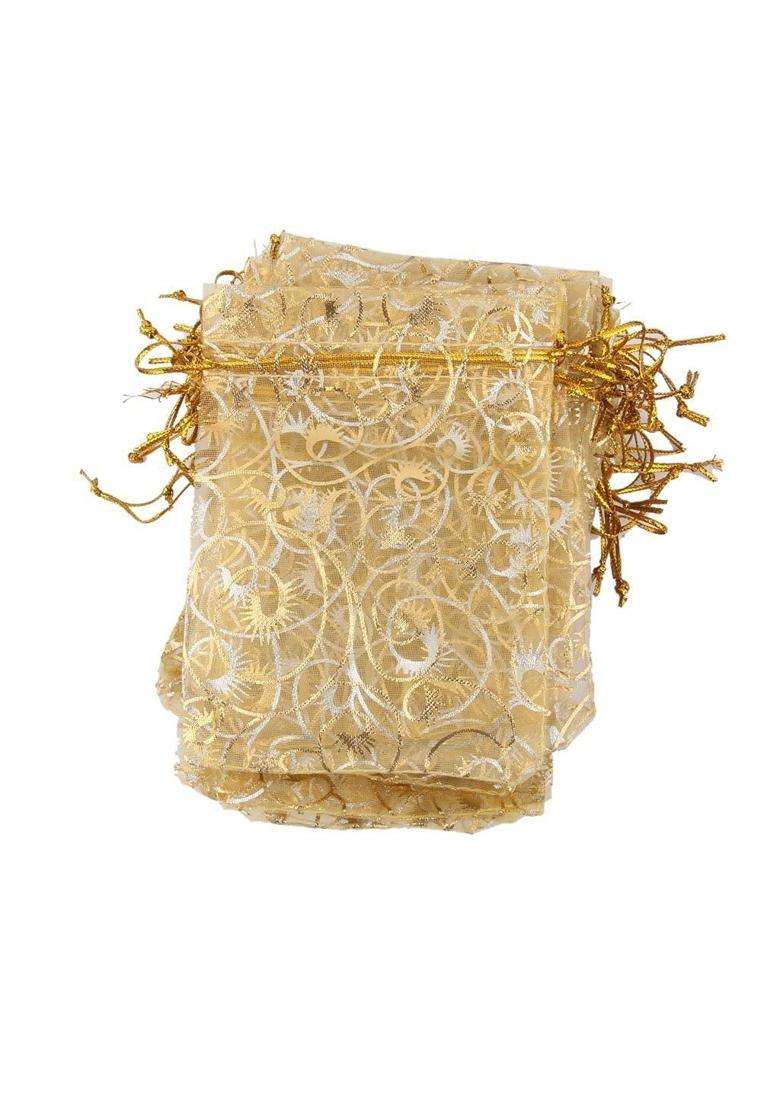 Avanti Creation Printed Golden Organza Bag Pouches Organza Return Gift Bags Set of 120 - Indya