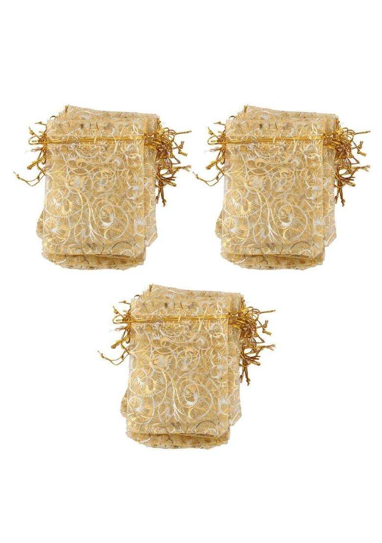 Avanti Creation Printed Golden Organza Bag Pouches Organza Return Gift Bags Set of 120 - Indya