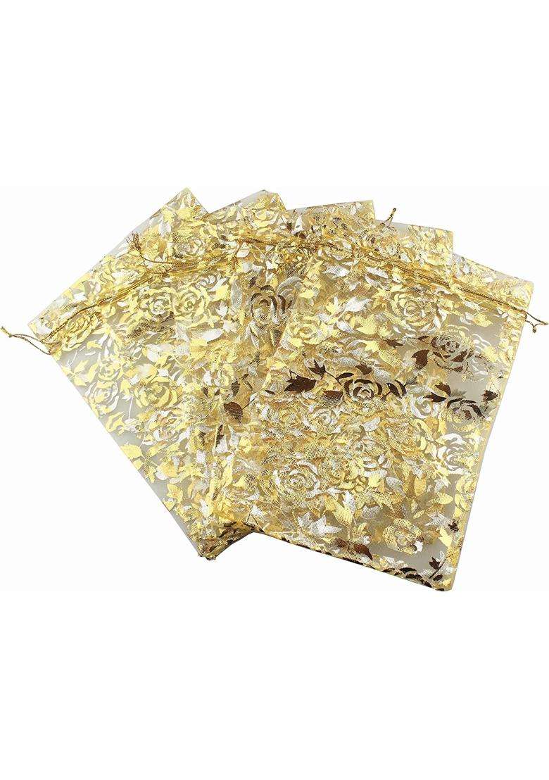 Classic Eco Friendly Bags Gold DNY 50 Pcs Potli Bags Organza Pouches 6x8 with Drawstring Small Potli Bags - Indya