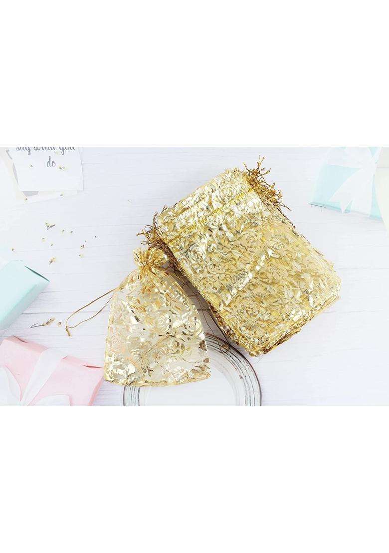 Classic Eco Friendly Bags Gold DNY 50 Pcs Potli Bags Organza Pouches 6x8 with Drawstring Small Potli Bags - Indya