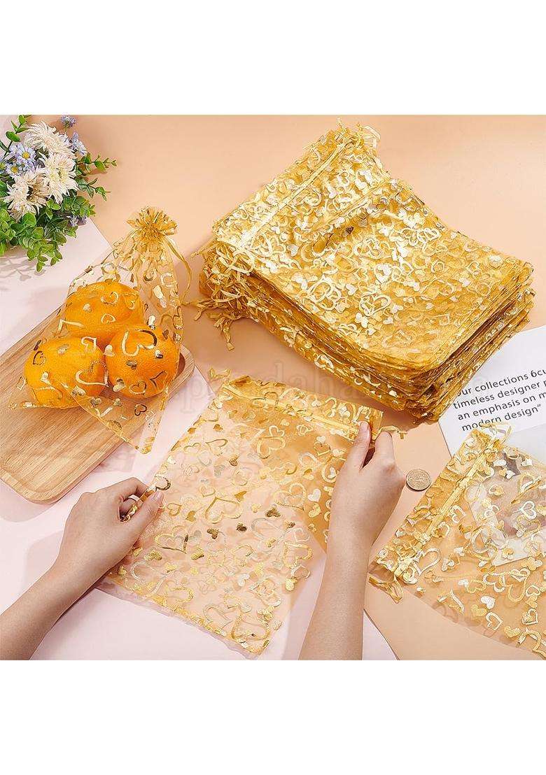 DMS Retail Gold Printed Organza Bag Pouches Organza Return Gift Bags Pack of 100 - Indya