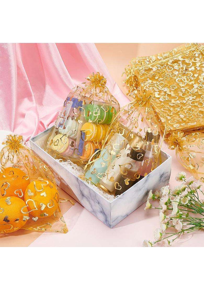 DMS Retail Gold Printed Organza Bag Pouches Organza Return Gift Bags Pack of 100 - Indya