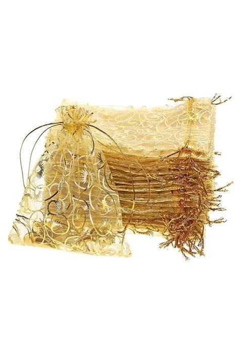DMS Retail Gold Printed Organza Bag Pouches Organza Return Gift Bags Pack of 100