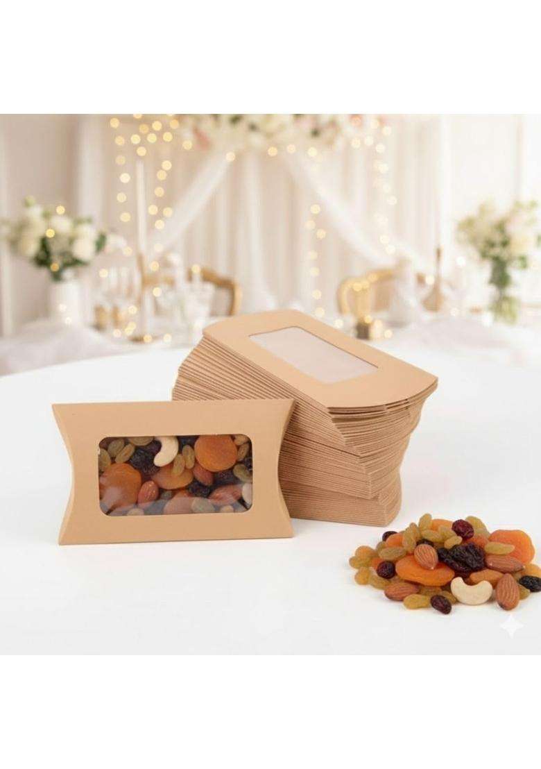 Satyam Kraft 100 Pcs Brown Small Paper Pillow Gift Boxes with Transparent Window - Indya