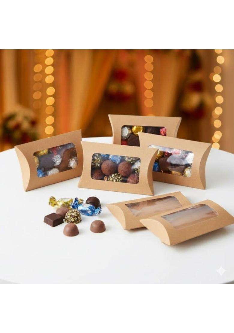 Satyam Kraft 100 Pcs Brown Small Paper Pillow Gift Boxes with Transparent Window - Indya