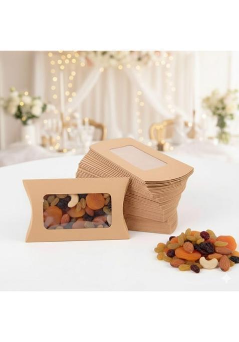 Satyam Kraft 100 Pcs Brown Small Paper Pillow Gift Boxes with Transparent Window