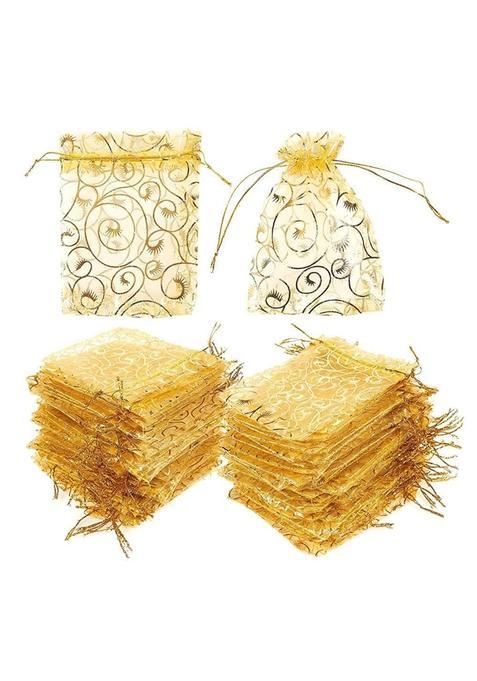 DMS Retail Printed Golden Organza Bag Pouches Organza Return Gift Bags Pack of 100