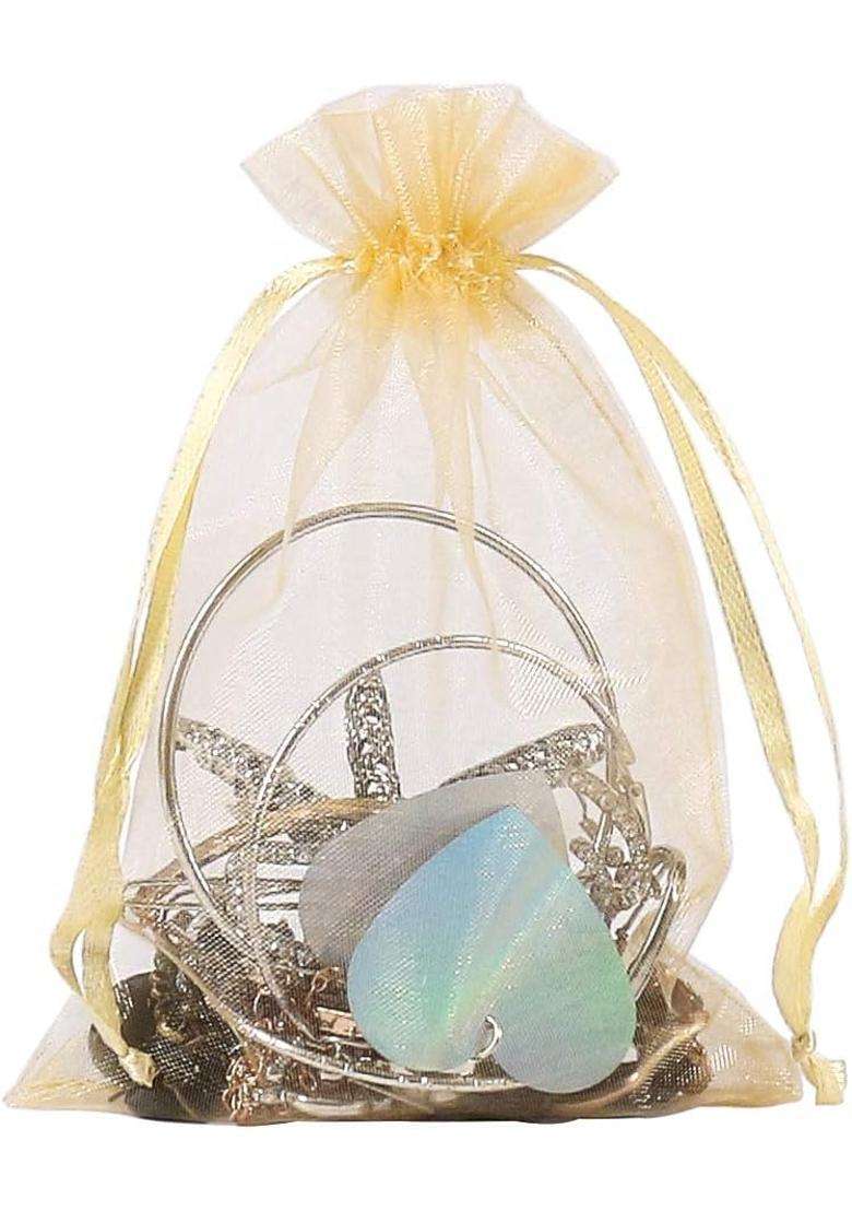Swastikart 13X18 Cms Sheer Organza Bags Golden Wedding Favor Bags Jewelry Gift Bags for Party Pack of 50 - Indya