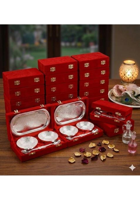 Elikraft German Silver Bowl Set with Beautiful Velvet Box Tray 2 Bowls 2 Spoons Set of 10