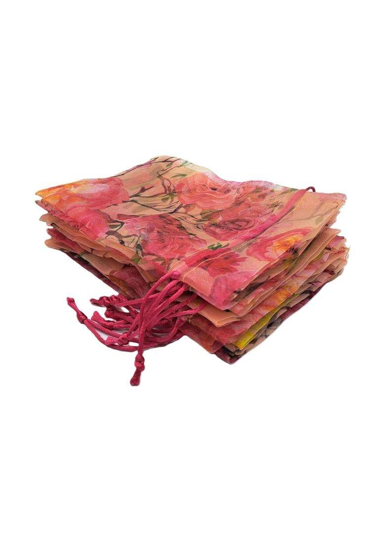 Fabjute Floral Organza Potli Bags Reusable Sheer Drawstring Gift Pouches for Wedding Favors Jewelry Set of 10 - Indya