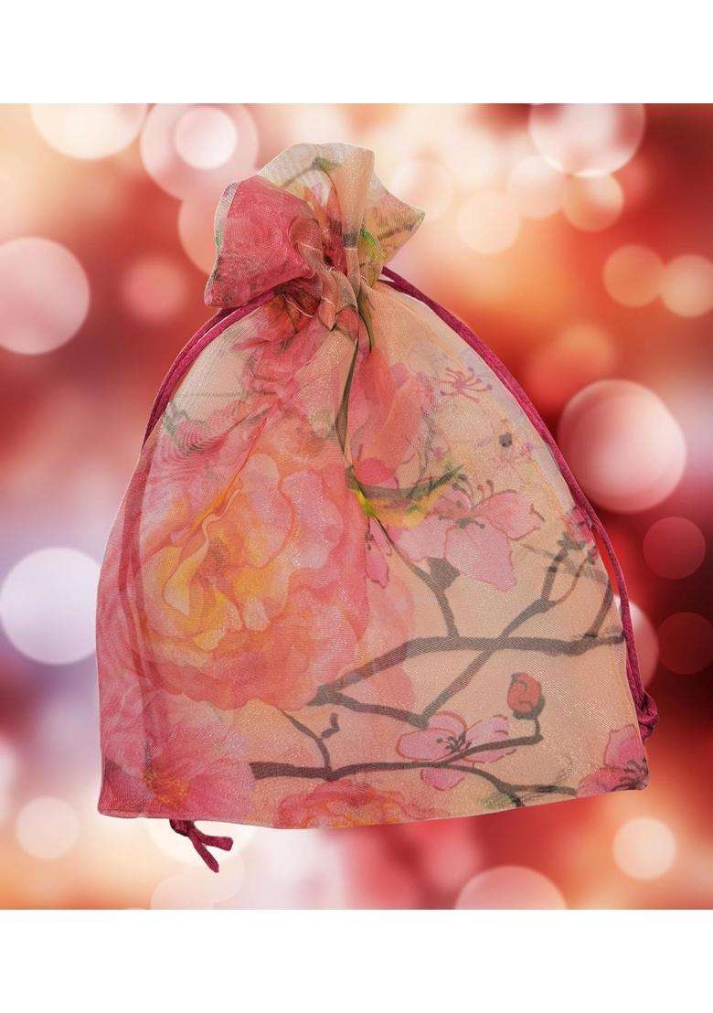 Fabjute Floral Organza Potli Bags Reusable Sheer Drawstring Gift Pouches for Wedding Favors Jewelry Set of 10 - Indya