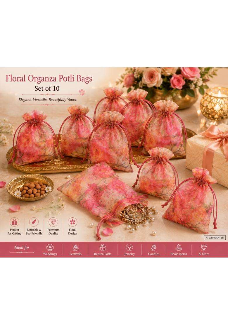 Fabjute Floral Organza Potli Bags Reusable Sheer Drawstring Gift Pouches for Wedding Favors Jewelry Set of 10 - Indya