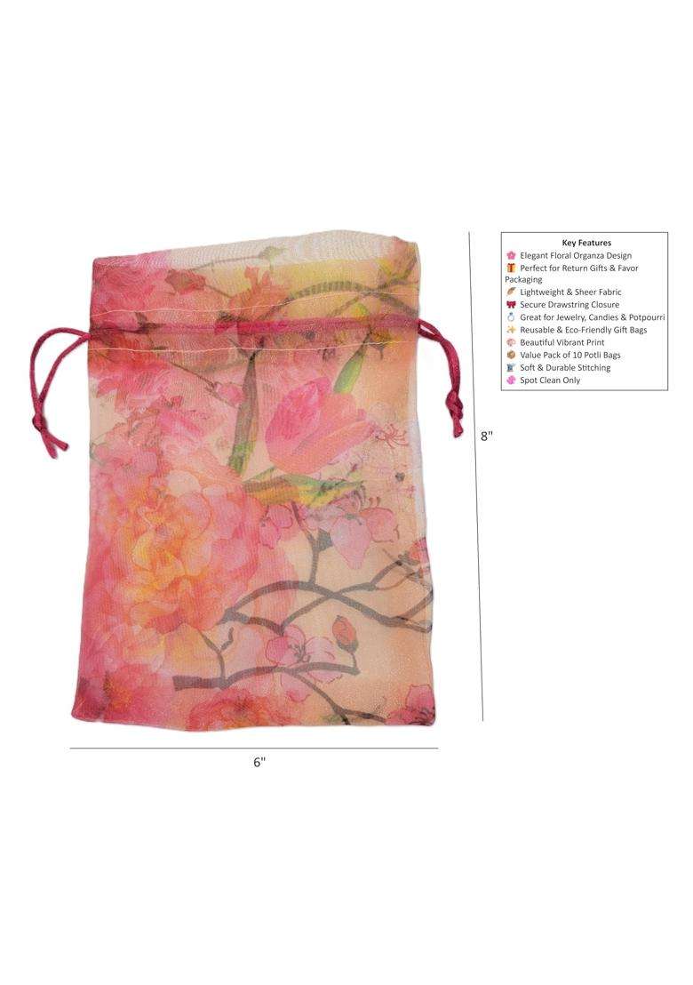 Fabjute Floral Organza Potli Bags Reusable Sheer Drawstring Gift Pouches for Wedding Favors Jewelry Set of 10 - Indya